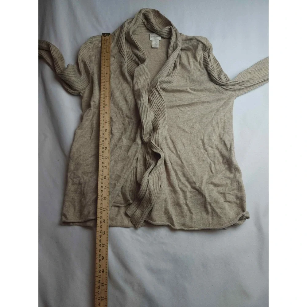Chicos Beige Ruffle Open Front Cardigan Tan Shawl Collar Ribbed Sleeve Size 0